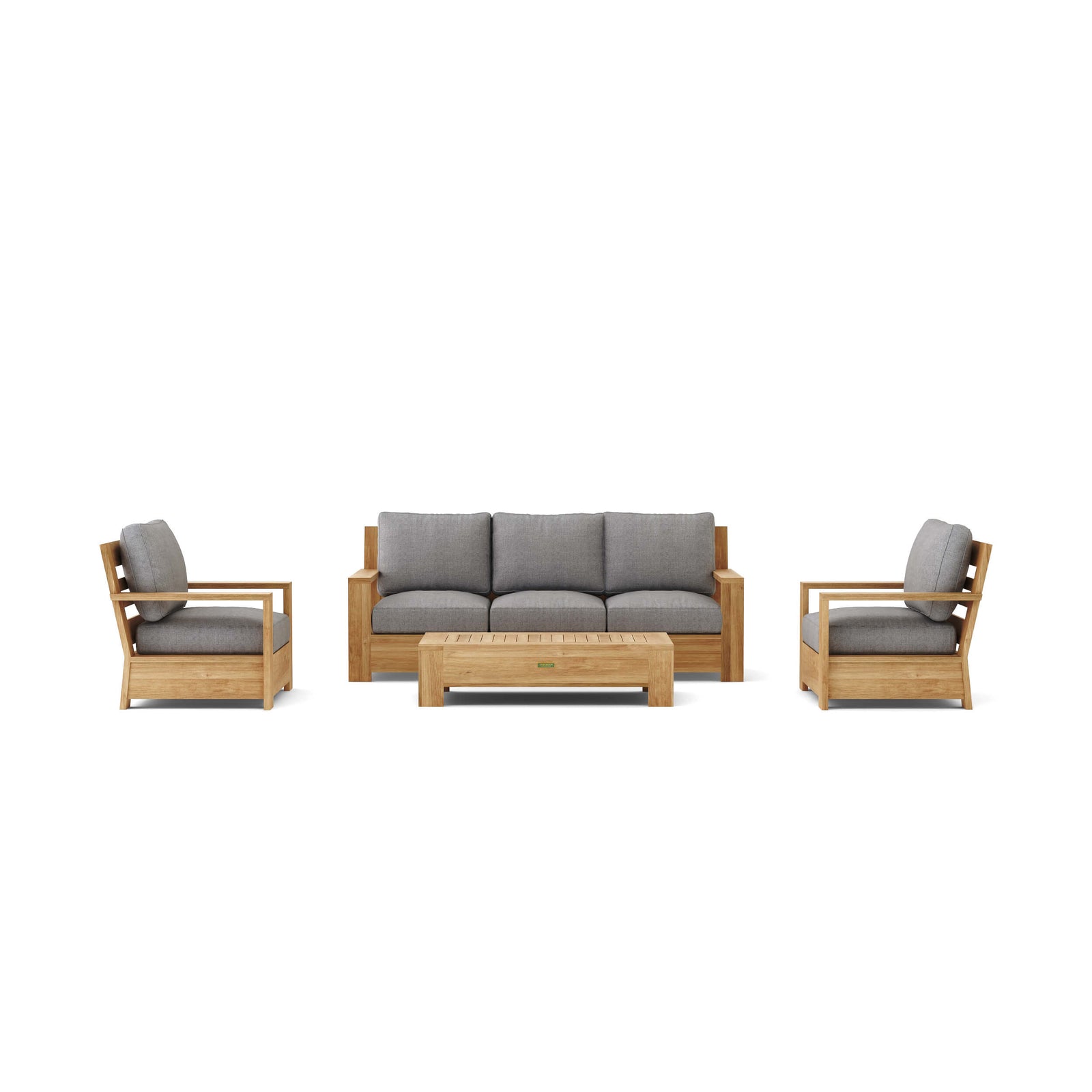 Outdoor furniture set with wooden frames and gray cushions on a white background