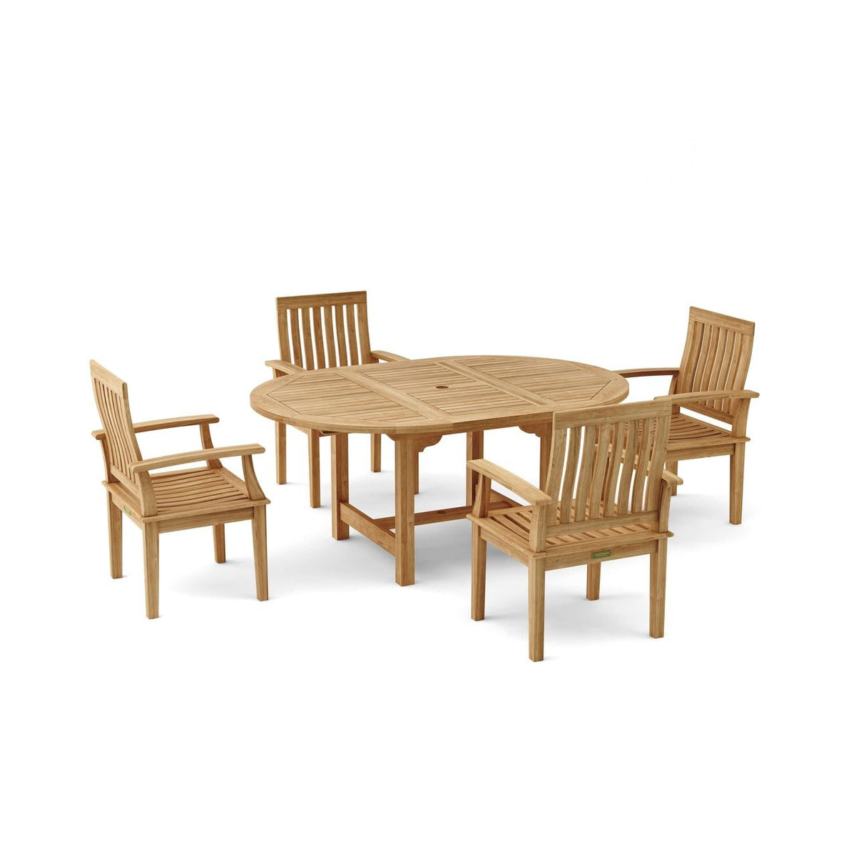 Wooden outdoor table with four matching chairs on a white background