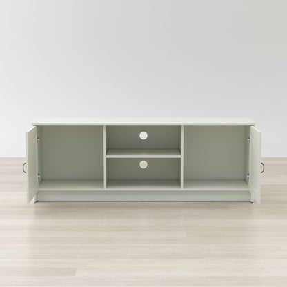 Gray entertainment console with open doors on a light wood floor and white wall background