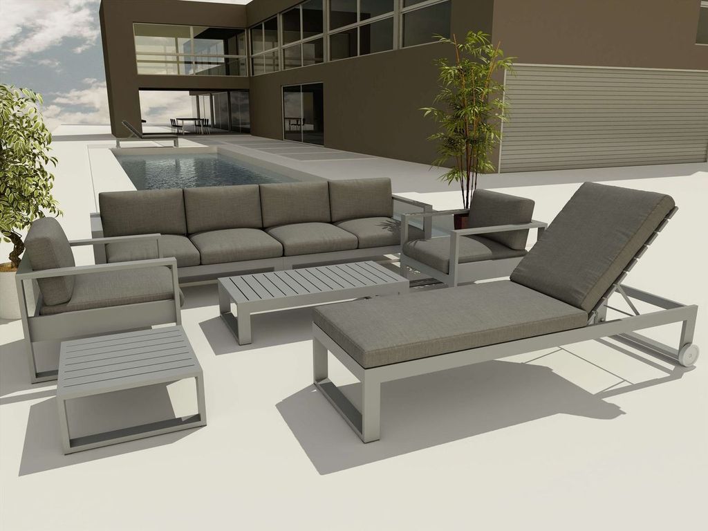 Outdoor furniture set with sofa, chairs, and table in a modern patio setting.