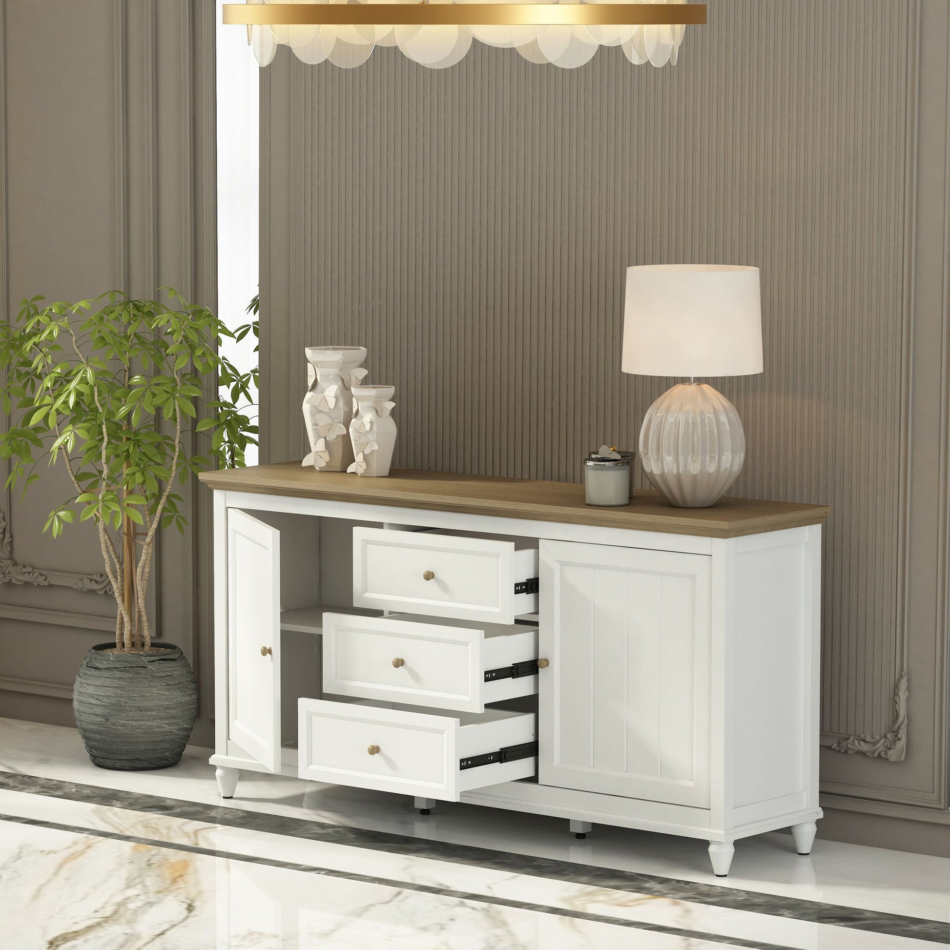 White sideboard with wooden top in a room with decorative elements.