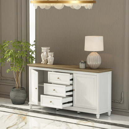 White sideboard with wooden top in a room with decorative elements.