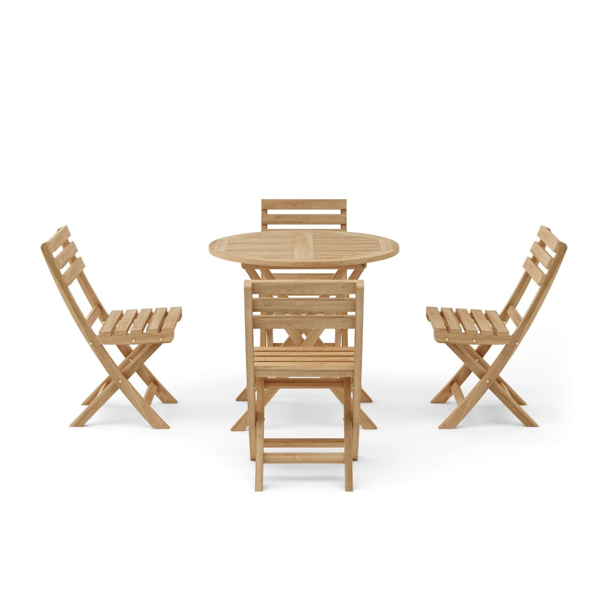 Wooden outdoor furniture set with a table and two chairs on a white background