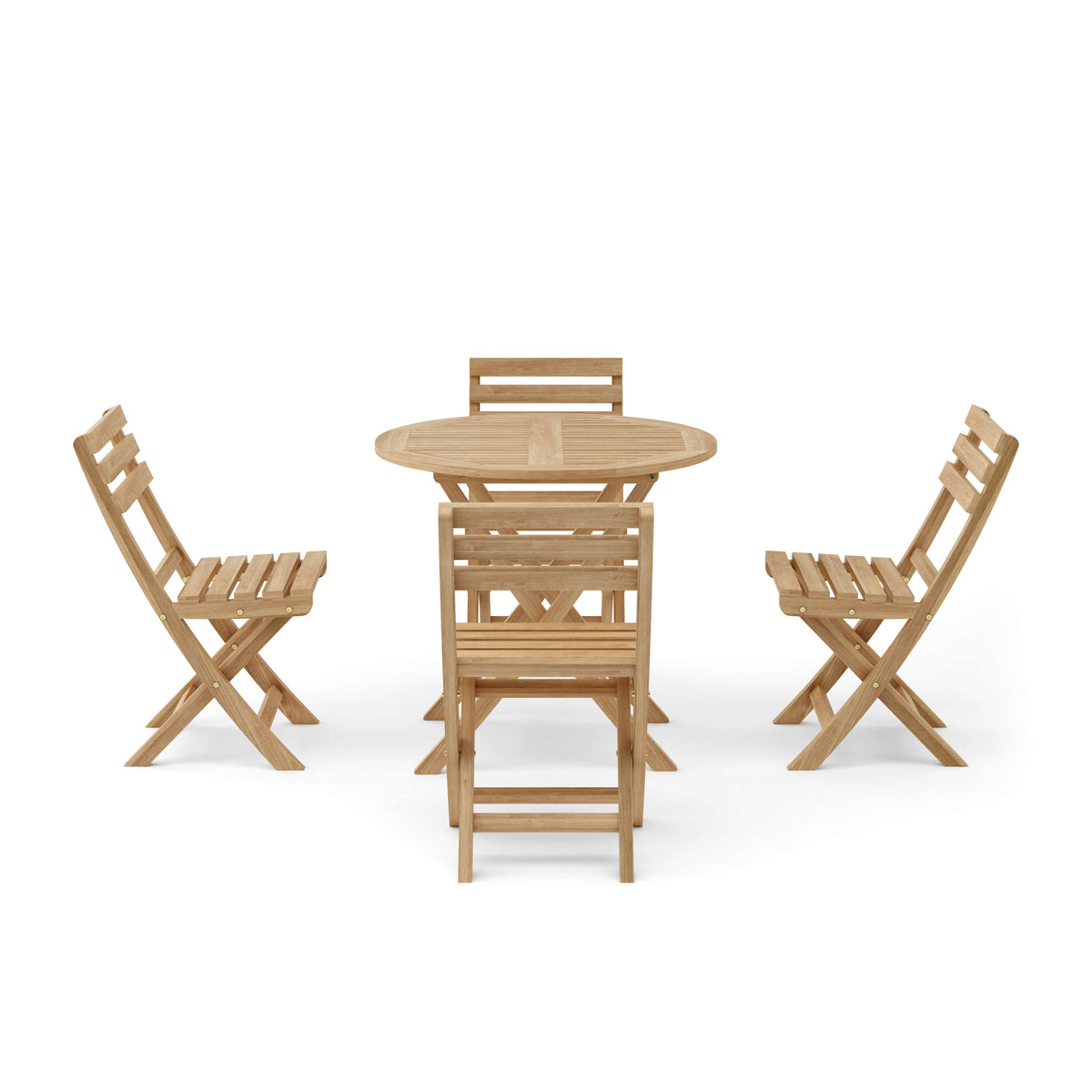 Wooden outdoor furniture set with a table and two chairs on a white background