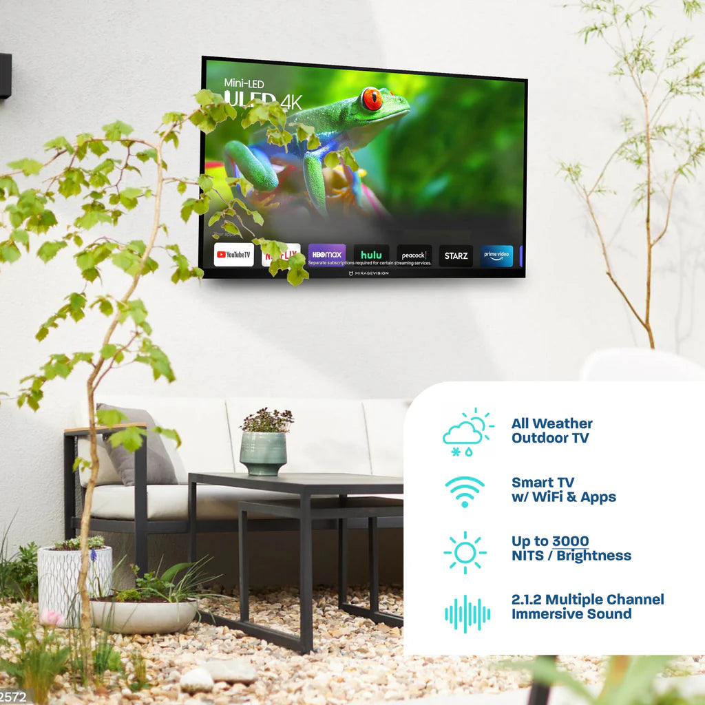 Outdoor TV displaying a green frog on a white wall with plants and furniture.