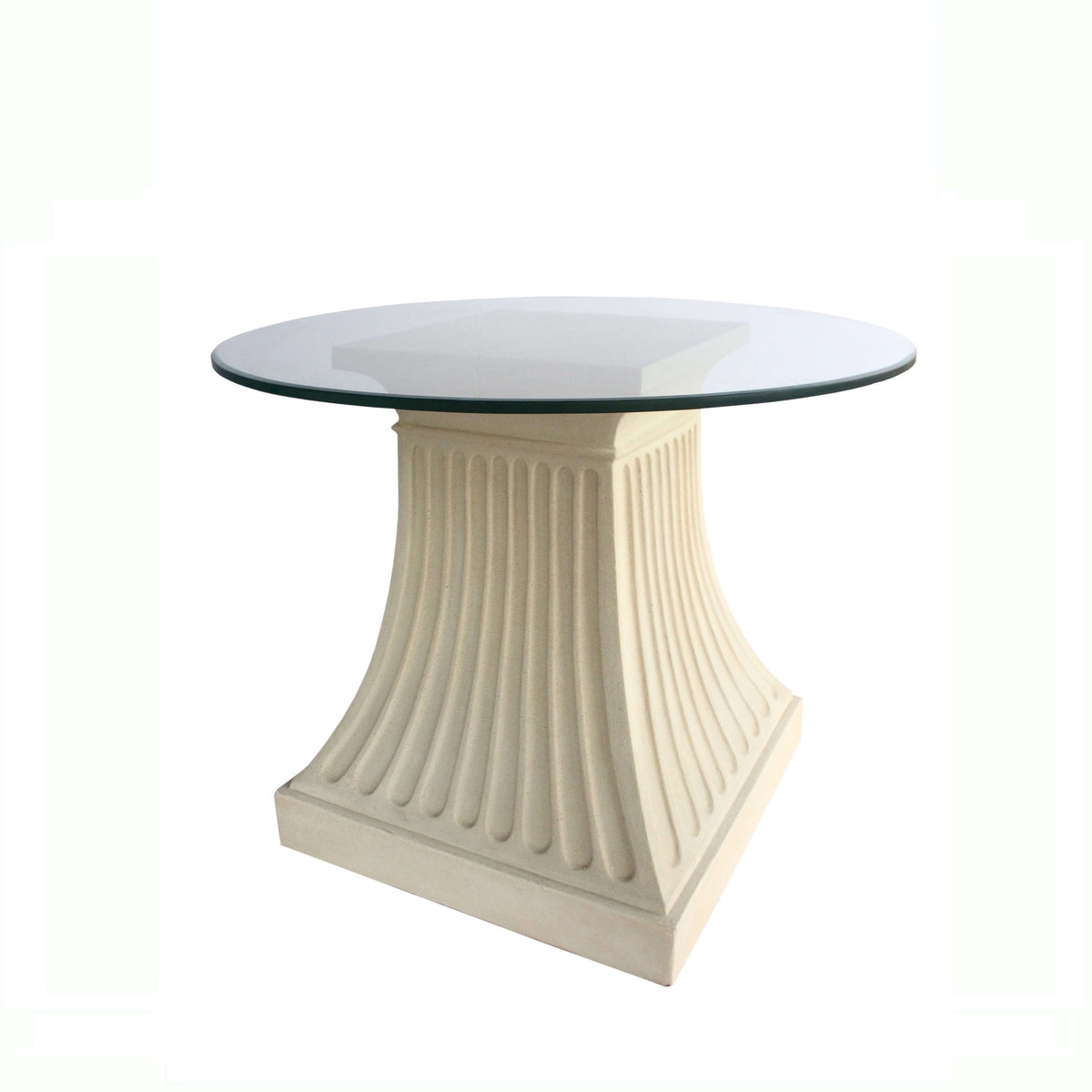 Round glass-top table with decorative beige base on a white background