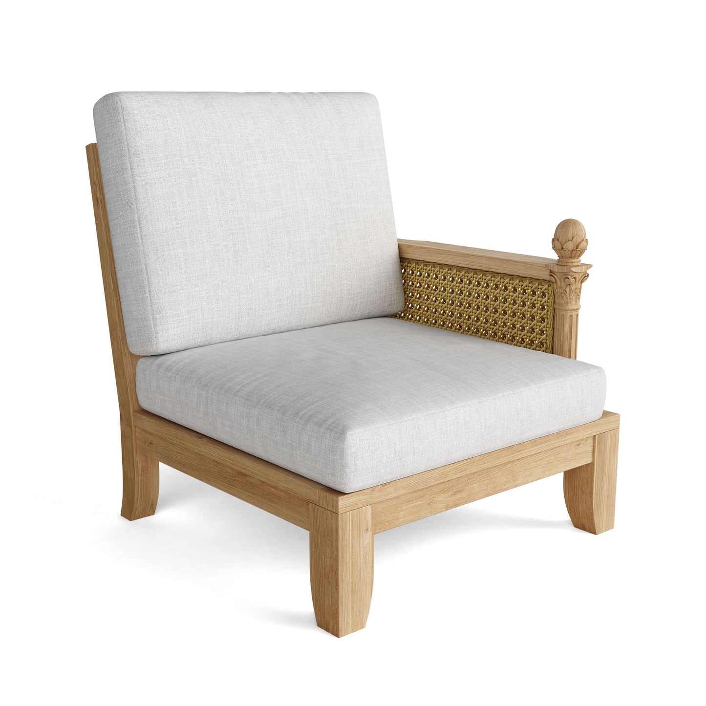 Wooden armchair with white cushions on a white background