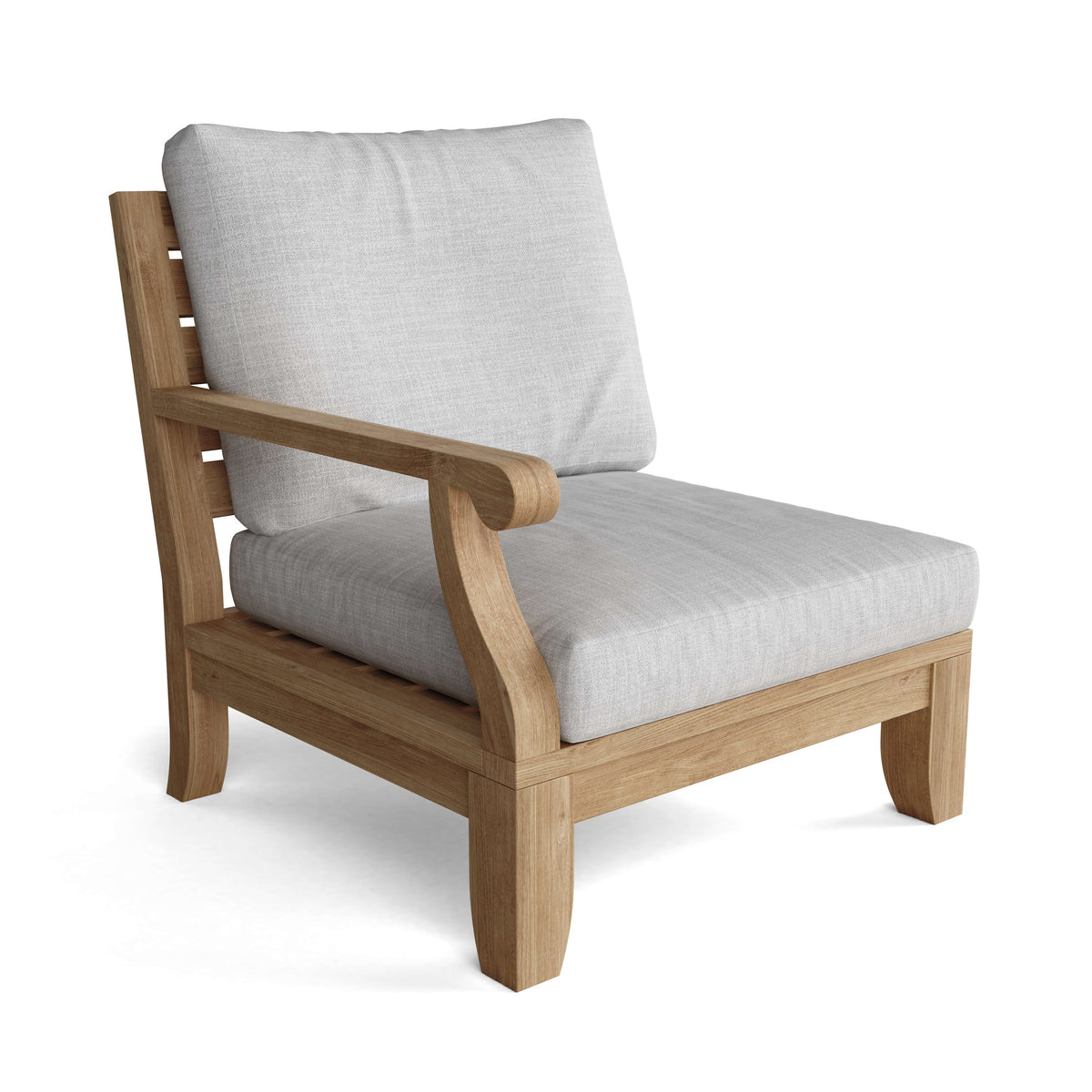 Wooden armchair with gray cushions on a white background