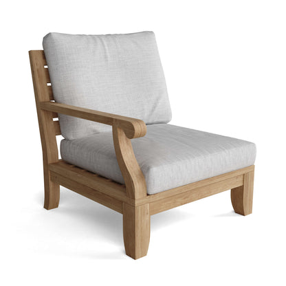 Wooden armchair with gray cushions on a white background