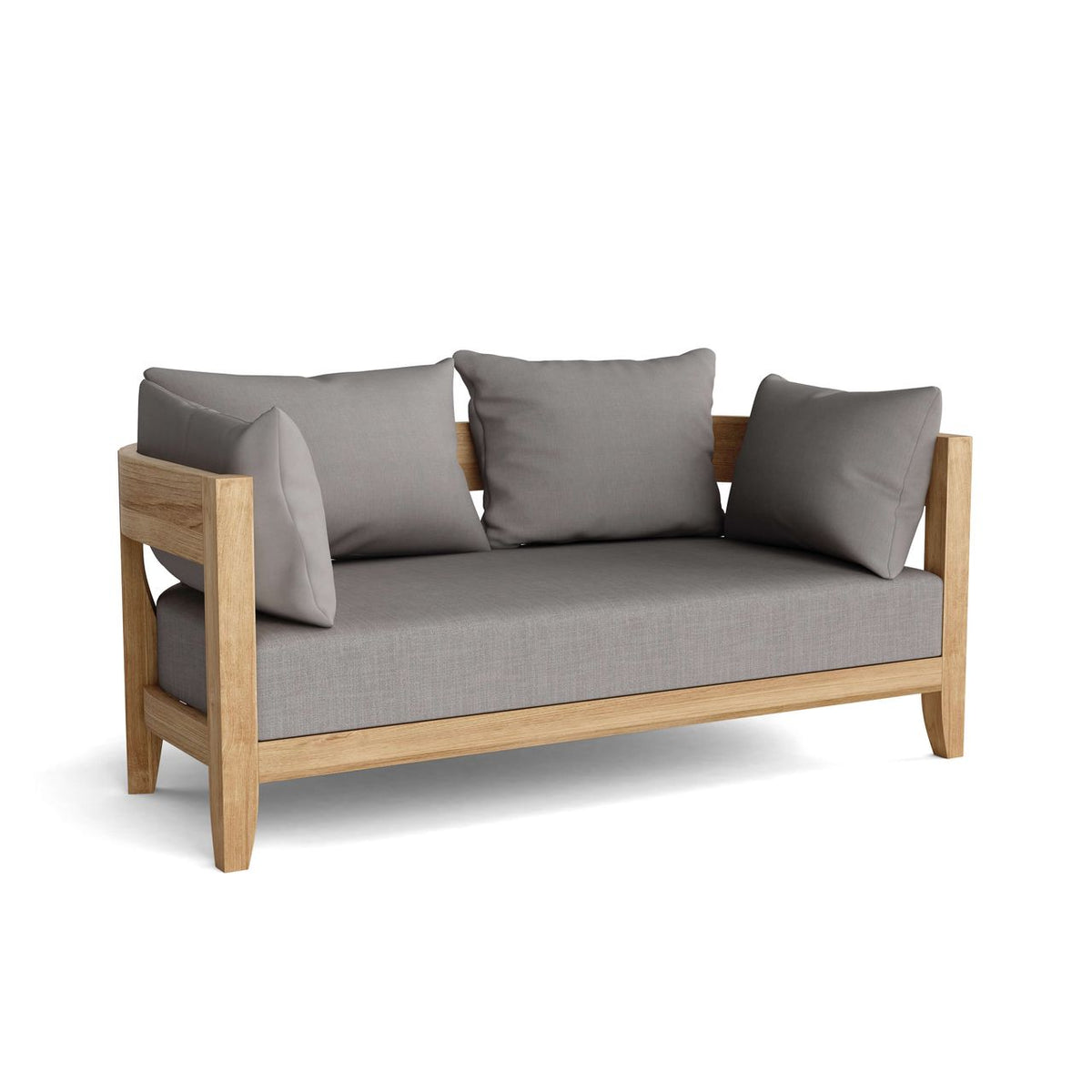 Gray cushioned sofa with wooden frame on a white background