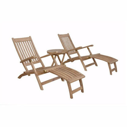 Two wooden lounge chairs with a small table on a white background