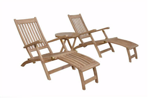 Two wooden lounge chairs with a small table on a white background