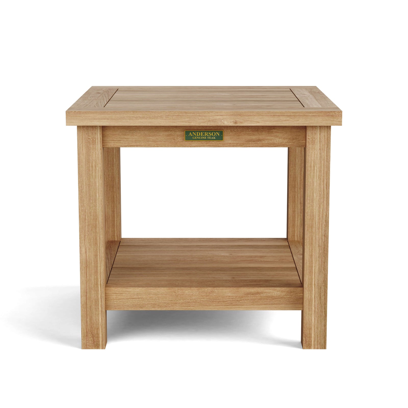 Wooden side table with a brand label on a white background