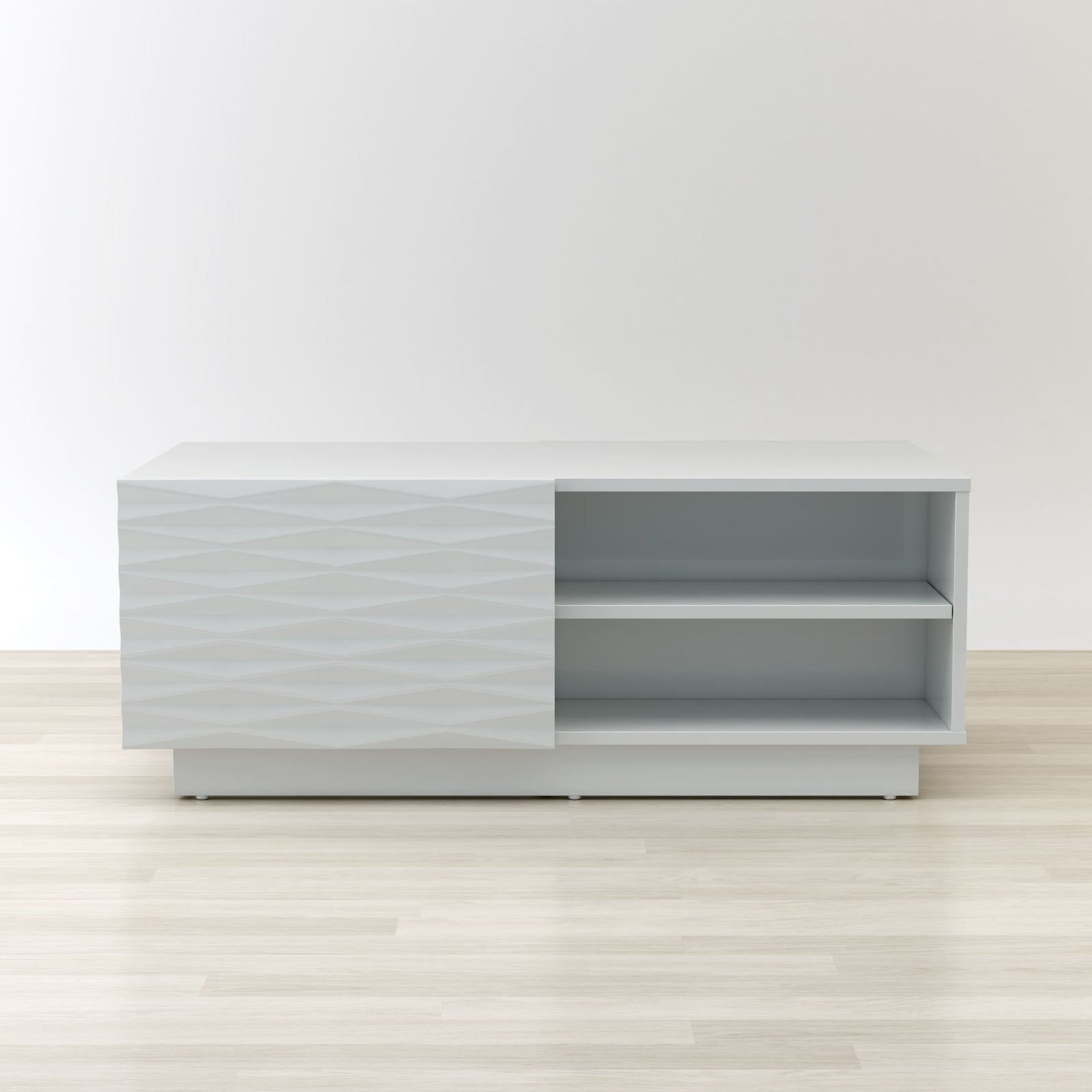 Modern white entertainment console against a plain wall