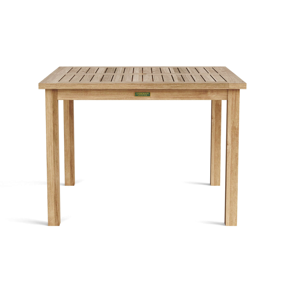 Wooden table with a visible brand logo on a white background