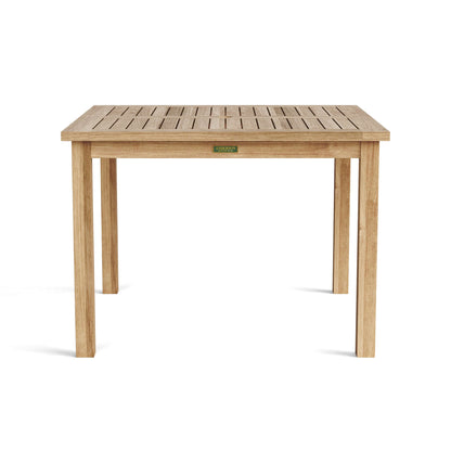 Wooden table with a visible brand logo on a white background