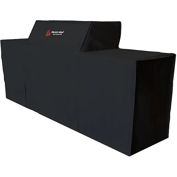Mont Alpi COVMAI805 BBQ island cover black fitted side angle view with logo