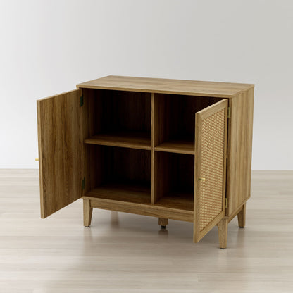 Wooden cabinet with wicker door on a white background