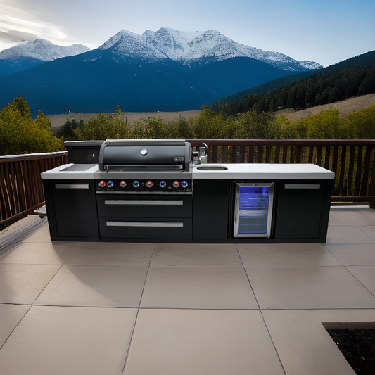Mont Alpi MAi805-BSSBEV black stainless steel outdoor kitchen island on patio mountain view