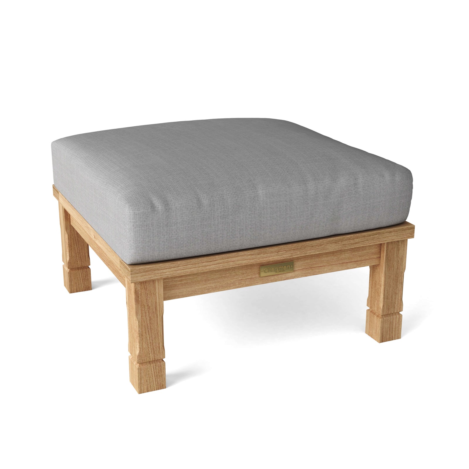 Wooden ottoman with a gray cushion on a white background