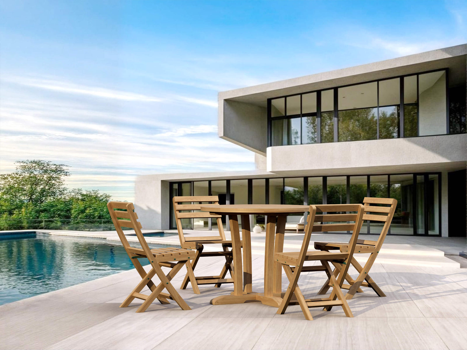 Wooden outdoor dining set with table and chairs near a modern house and pool.