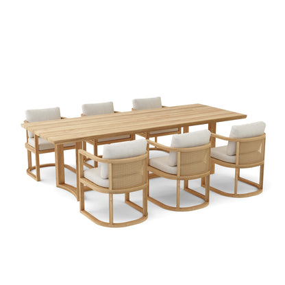 Wooden outdoor dining table with chairs on a white background