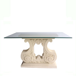 Elysees Cast Limestone Dining Table with 47" Glass Top - Ornate Scroll Design