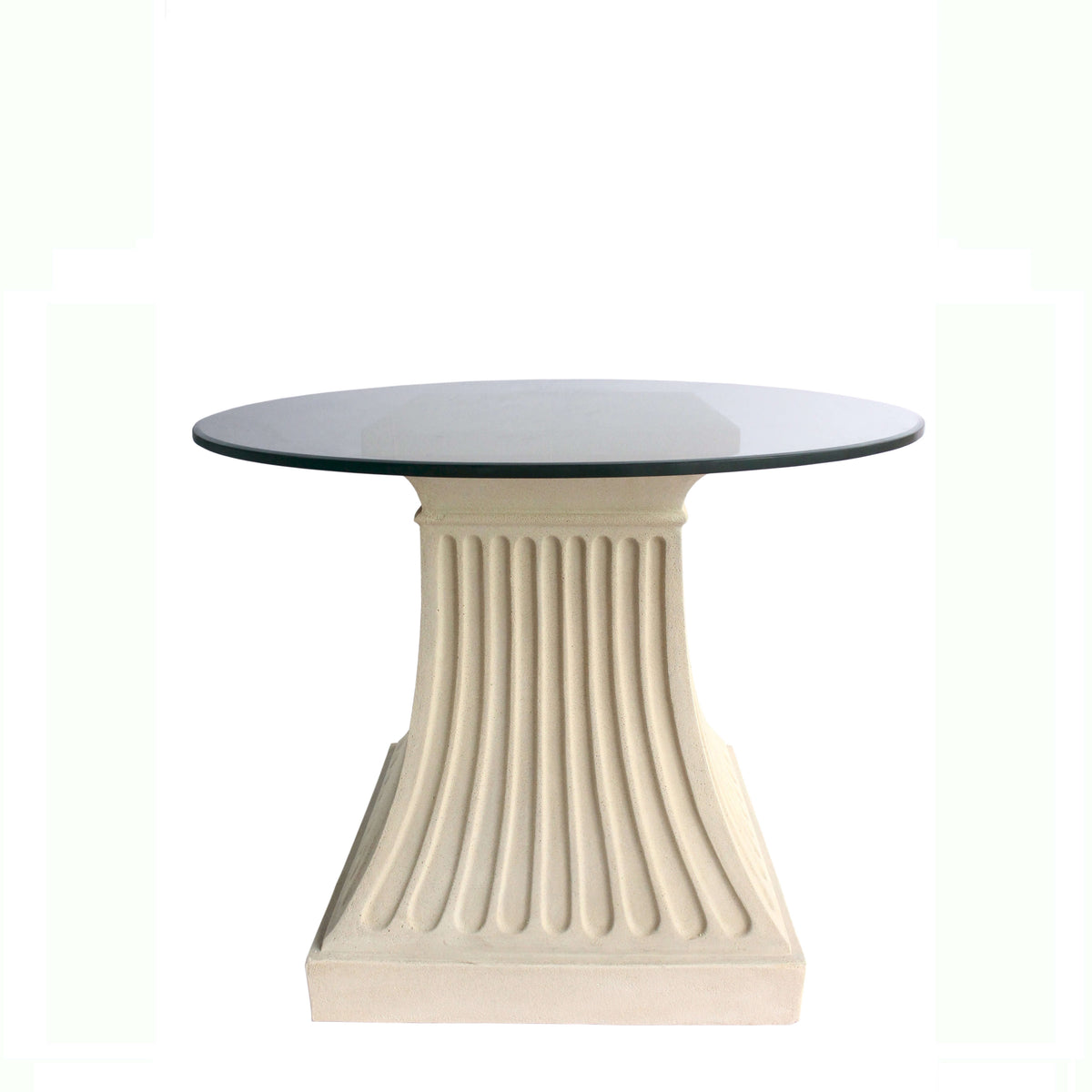 Round glass table with decorative beige pedestal base on a white background