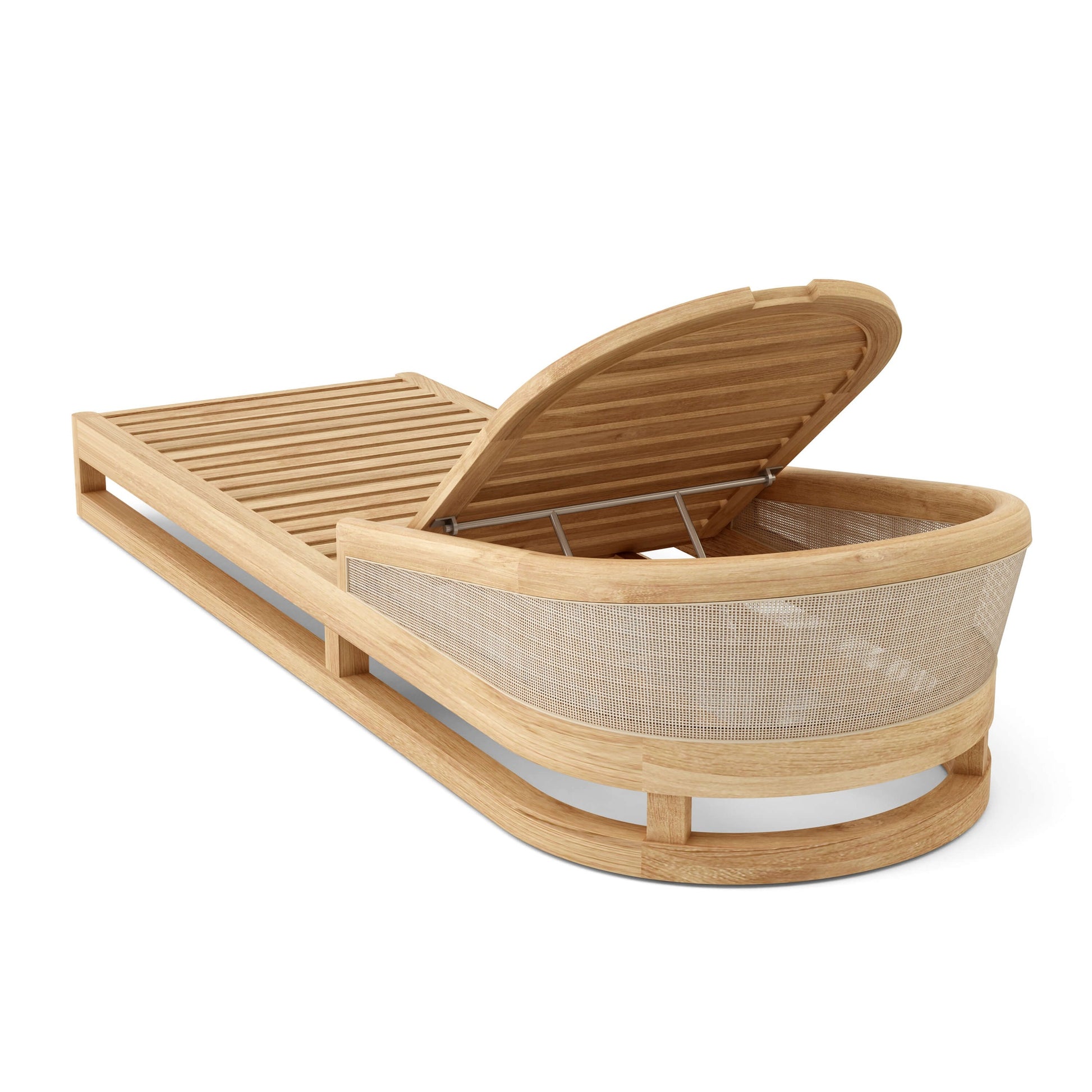 Wooden lounge chair with a mesh seat on a white background