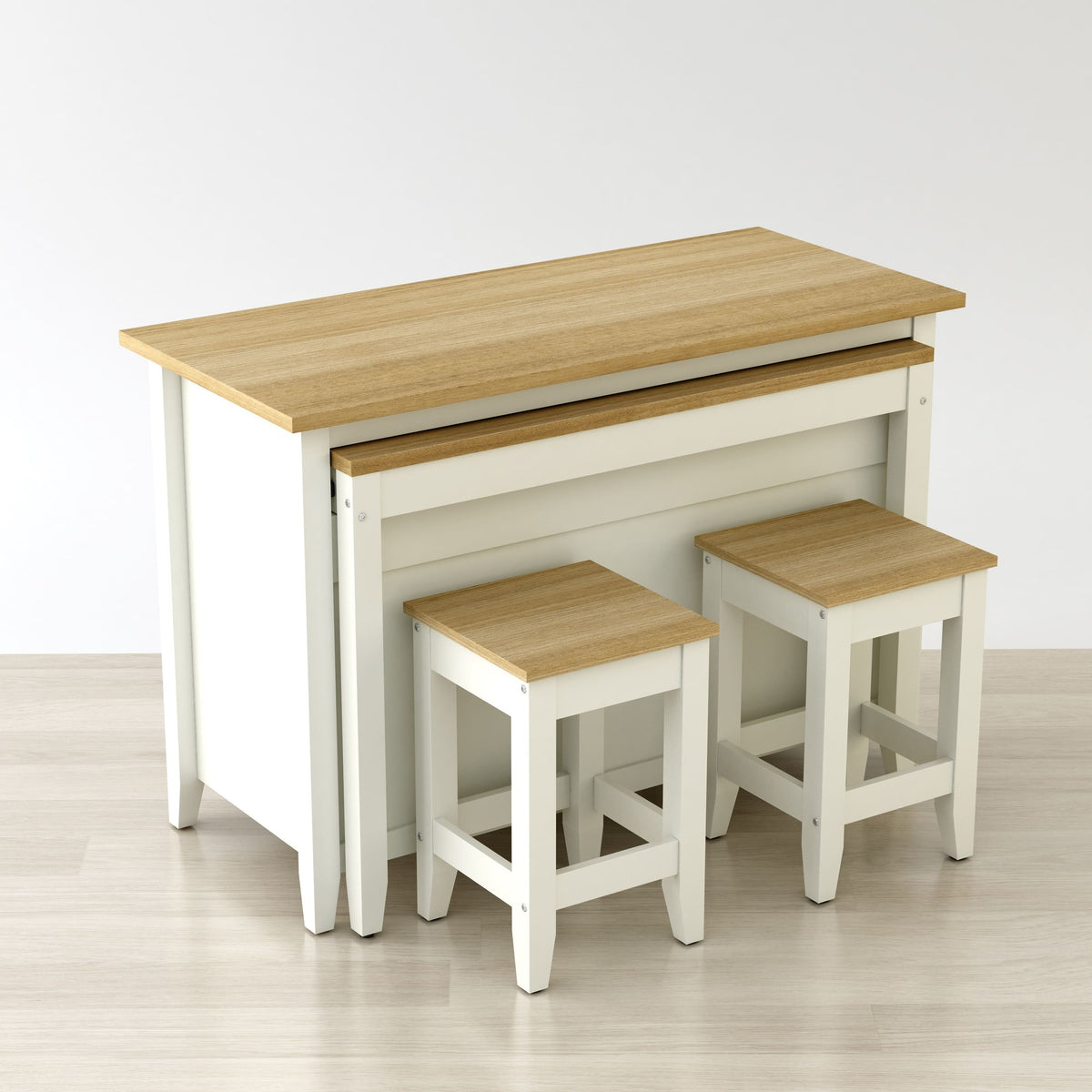 Wooden table and stools set on a light wooden floor with a white background