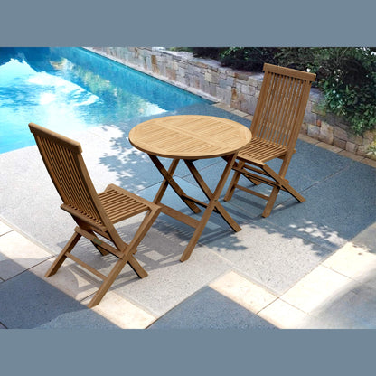 Wooden outdoor table and chairs by a pool