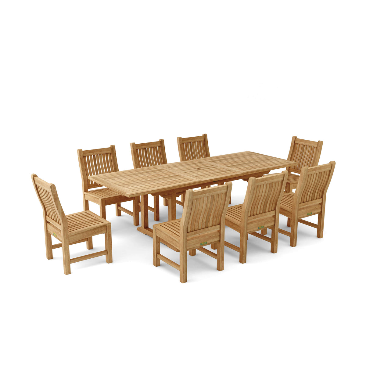 Wooden dining table with eight chairs on a white background