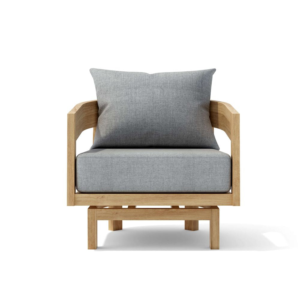 Chair with gray cushion and wooden frame on a white background
