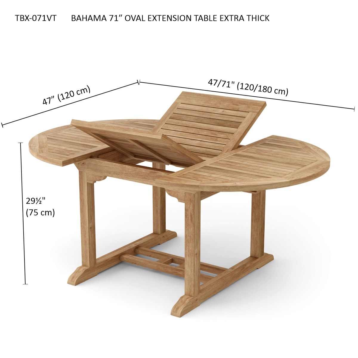 Wooden oval extension table with dimensions on a white background