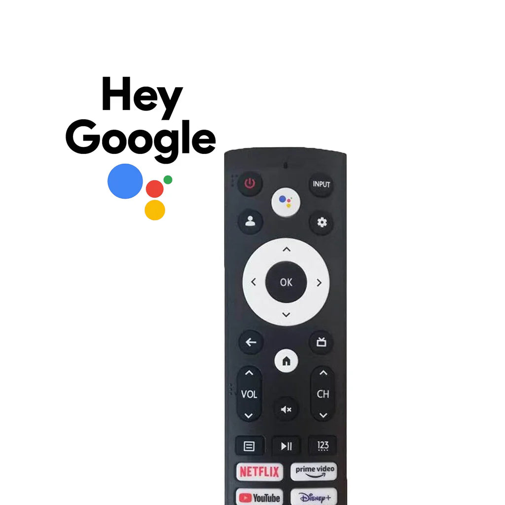 Black remote control with Google Assistant logo and buttons on a white background