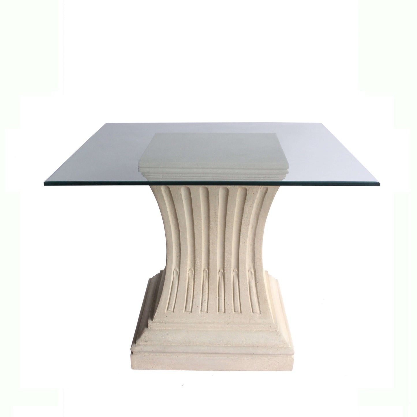 Glass-top side table with decorative pedestal base on a white background