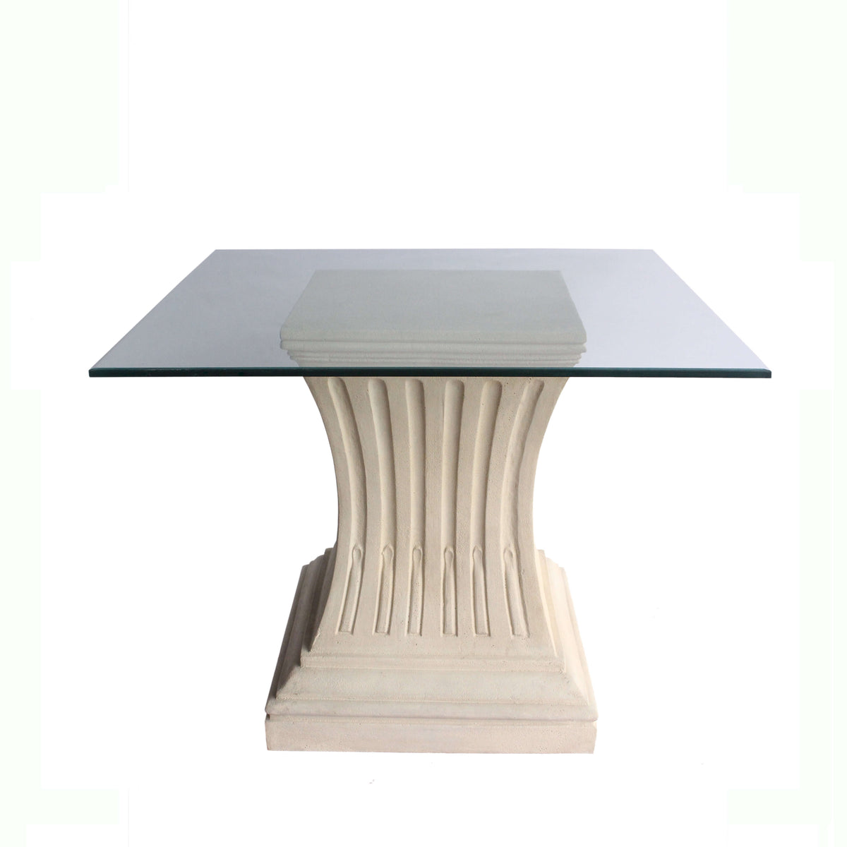 Glass-top side table with decorative pedestal base on a white background