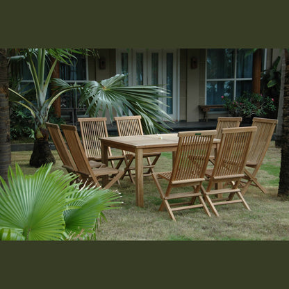Wooden outdoor dining set with chairs and table in a garden setting