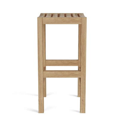 Wooden stool with slatted seat on a white background