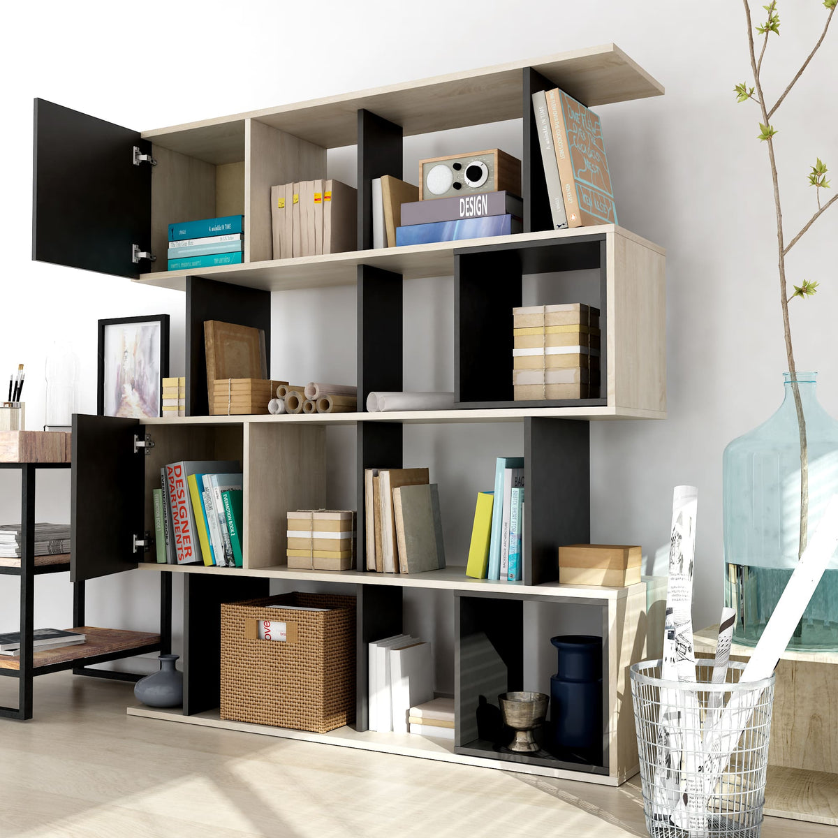 Modern bookshelf with various items in a room setting