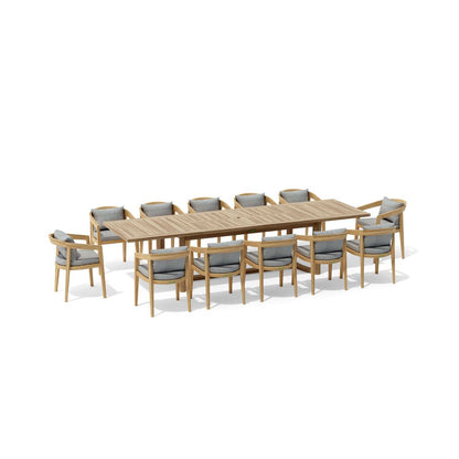 Wooden outdoor dining set with multiple chairs on a white background