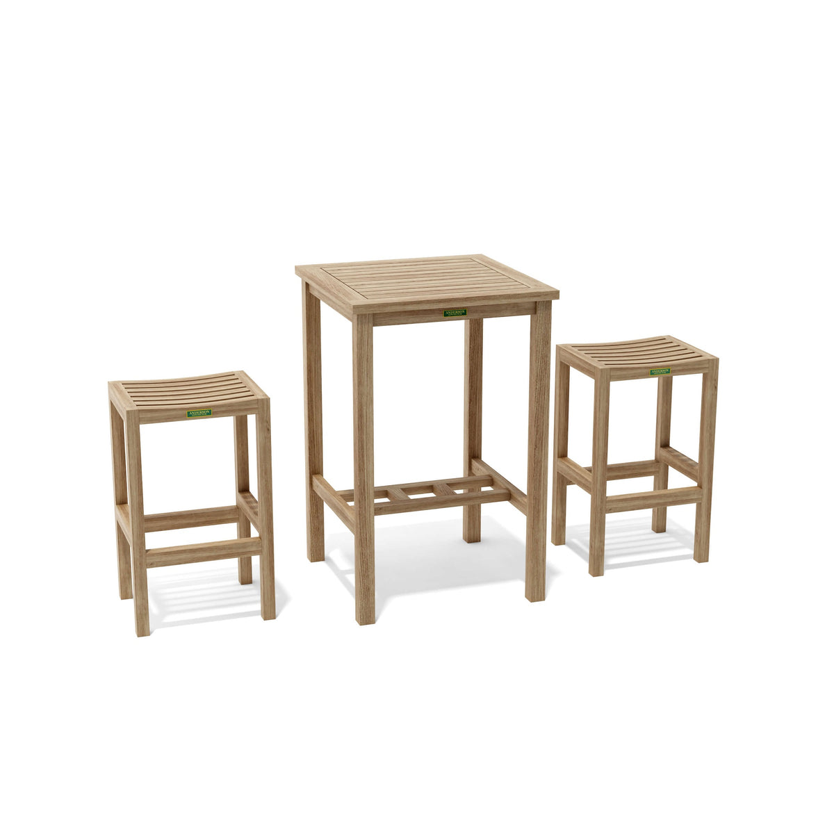Set of wooden outdoor furniture including a table and two stools on a white background