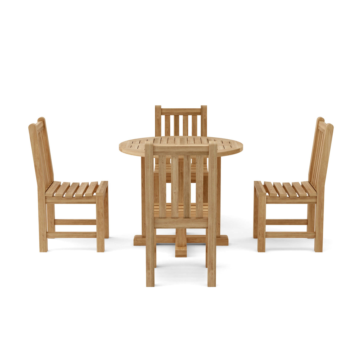 Wooden dining set with a round table and four chairs on a white background