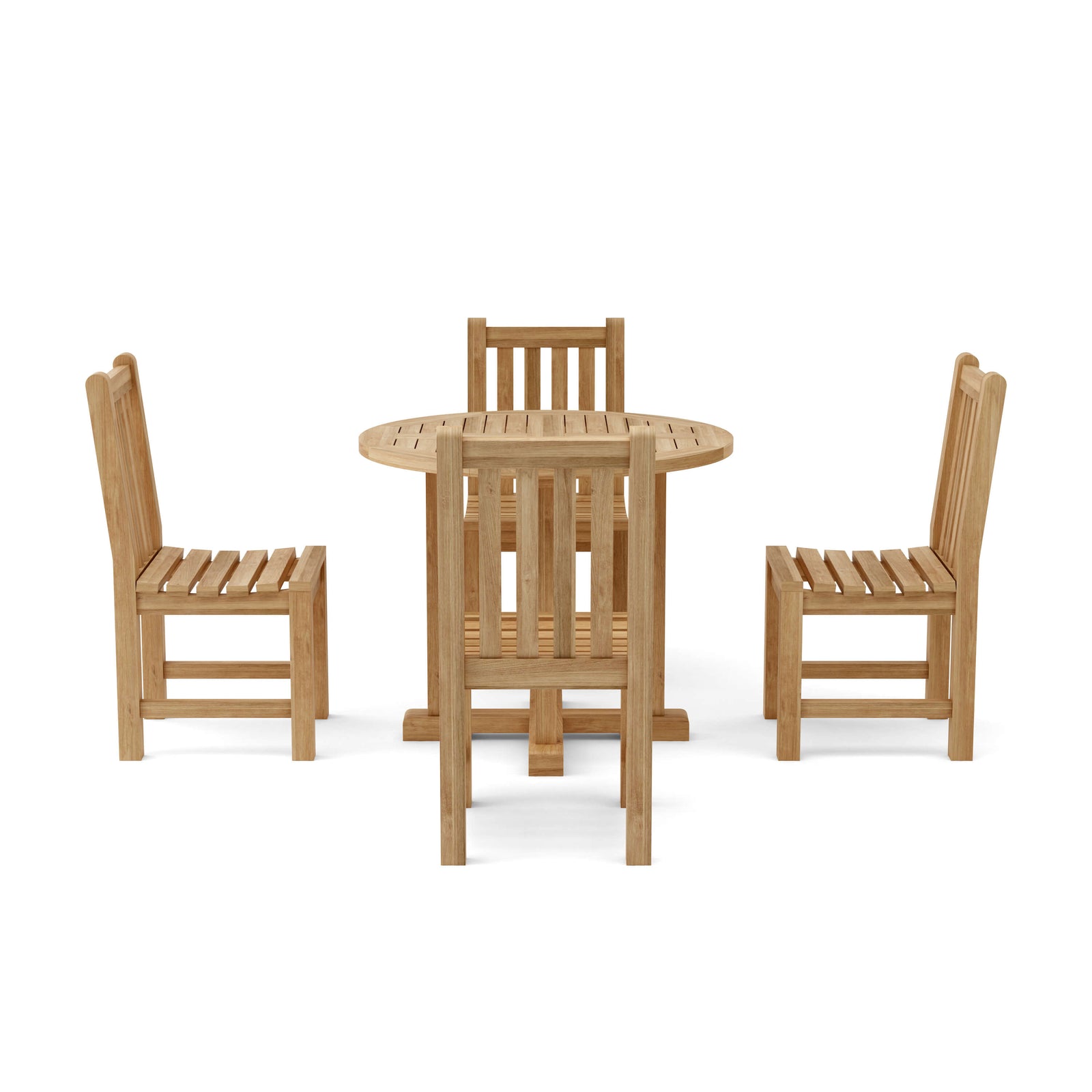 Wooden dining set with a round table and four chairs on a white background