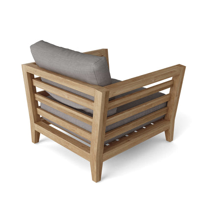 Wooden armchair with gray cushions on a white background