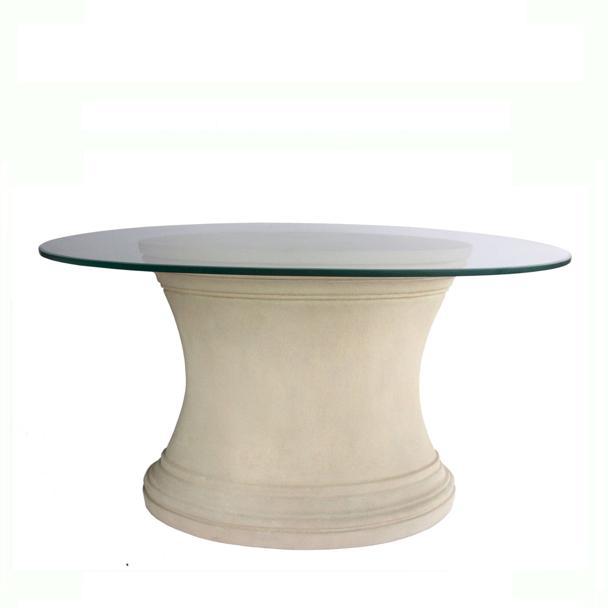 Round glass-top table with a beige base on a white background