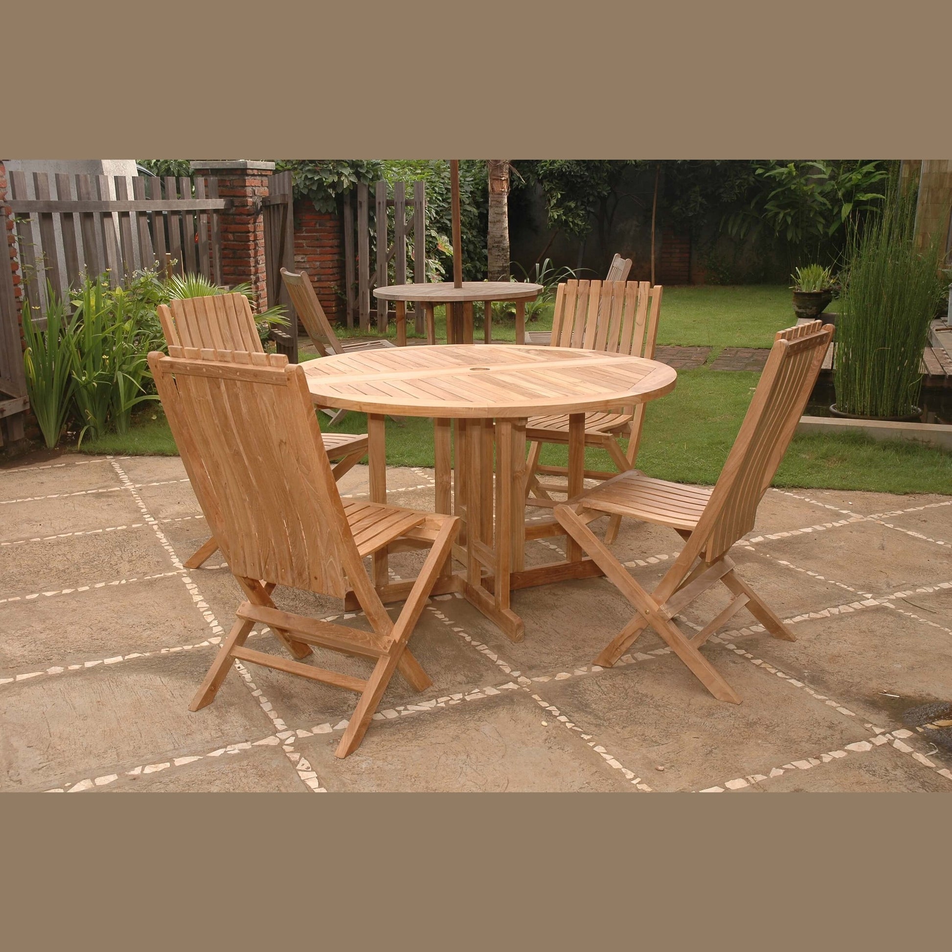 Wooden outdoor dining set with table and chairs on a patio