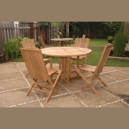 Wooden outdoor dining set with table and chairs on a patio