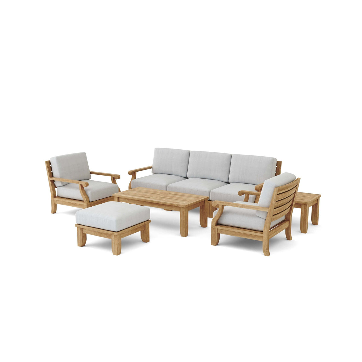 Outdoor furniture set with wooden frames and light gray cushions on a white background