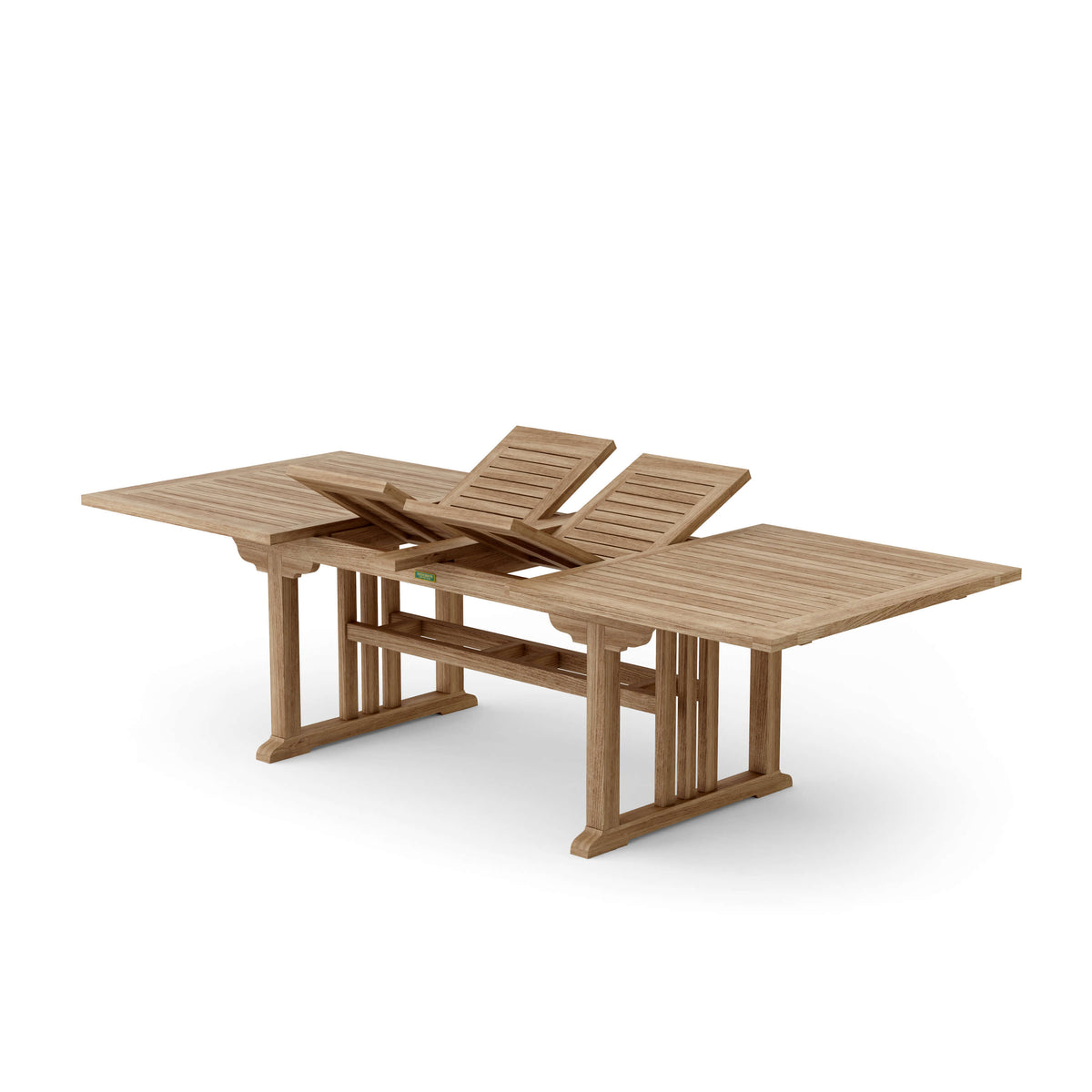 Wooden outdoor table with two chairs on a white background